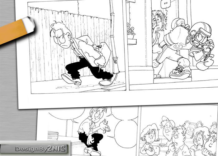 Pages de bande dessin&eacute;e et une gomme