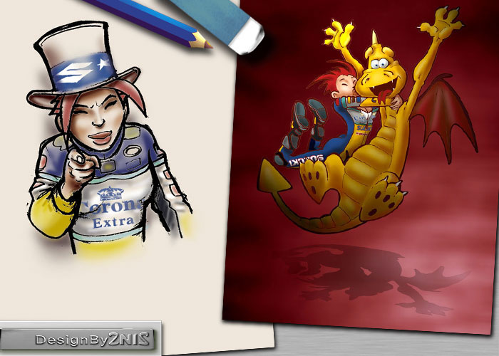 Dessin d'une fille qui embrasse un dragon